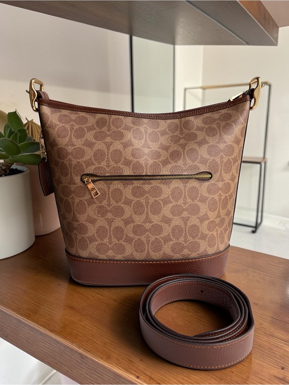 Coach Jude Duffle Bag Brown Signature Canvas Bucket Bag with Leather Trim - Picture 2 of 16